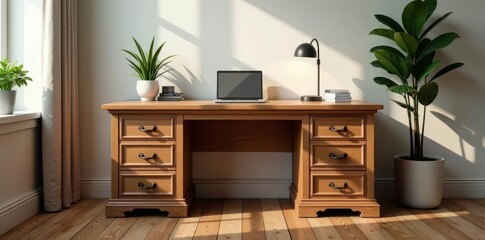 Spacious handcrafted wooden desk, five drawers , pine, office