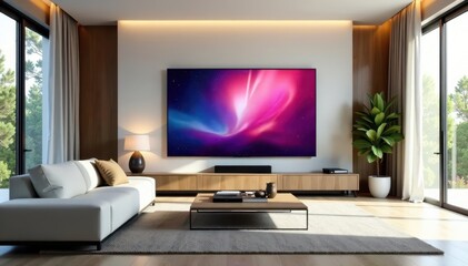 Spacious living room, massive flat-screen TV, minimalist decor, high definition, large, entertainment