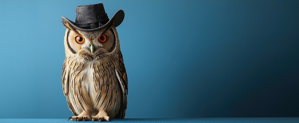Majestic owl wearing a stylish black hat against blue background
