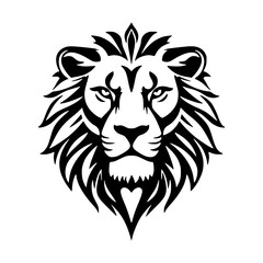 Obraz premium A detailed, stylized black outline drawing of a lion's head, facing forward, with a prominent mane and sharp features, on a white background.