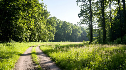 Obraz premium Sunlit Forest Path Through Green Meadow With Tall Trees And Bright Sunlight Creating Scenic Outdoor Landscape