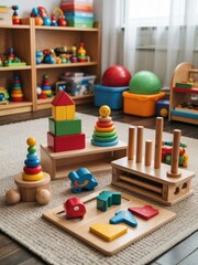 Montessori style classroom with colorful learning toys for children's hands-on activities