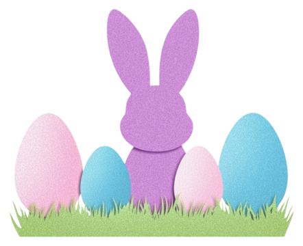 A colorful bunny stands among decorated pastel eggs, evoking a festive spring atmosphere.