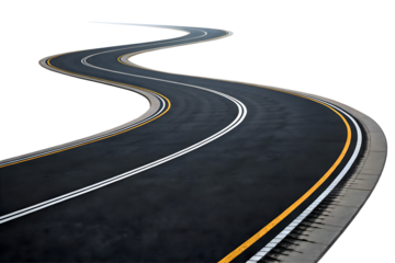 Winding asphalt road with double yellow lines.