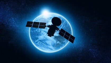 Obraz premium Silhouette of a satellite floating against the backdrop of the Earth