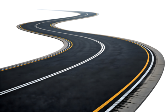 Winding asphalt road with double yellow lines.