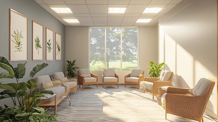 Fototapeta premium Modern bright waiting room with natural light, comfortable seating and botanical decor