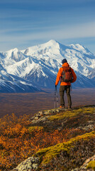 Fototapeta premium Adventurous Hiker Exploring Breathtaking Snow-Capped Mountain Landscape in Autumn, Wearing Backpack and Trekking Gear – Outdoor Travel, Wilderness Trekking, Nature Exploration, Hiking Adventure