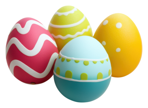 Colorful, decorative Easter eggs featuring various patterns and designs in vibrant hues of pink, blue, yellow, and green.