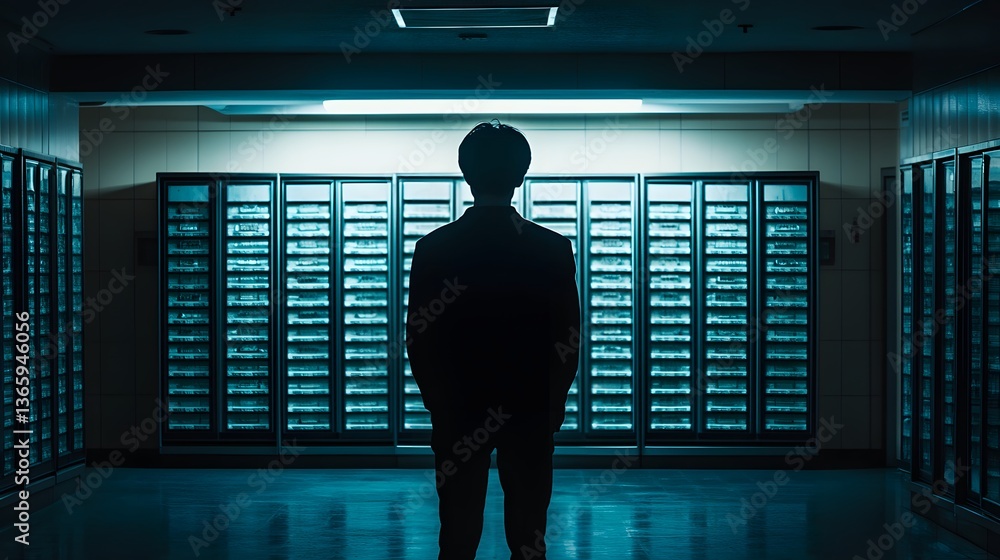 Poster unveiling the enigma: a silhouette stands before an intricate server rack, an image evoking mystery 