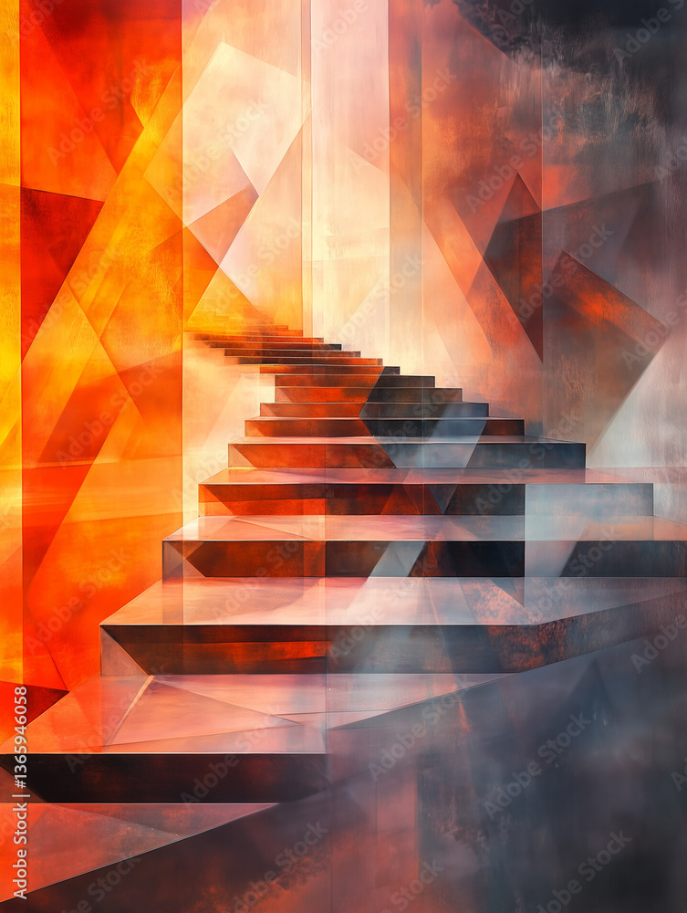 Poster floating staircase in a surreal environment with vibrant colors and abstract shapes inviting explora