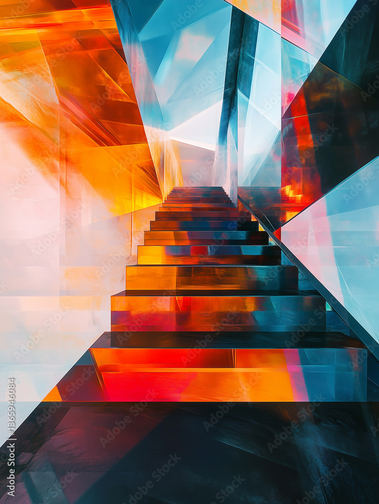 Poster mysterious floating staircase made of colorful panels in an abstract architectural space