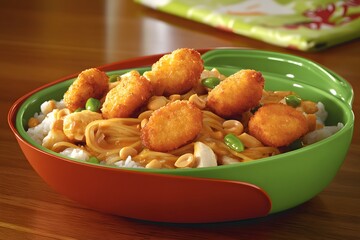 Fototapeta premium Delicious Peanut Noodles with Crispy Chicken and Rice Bowl