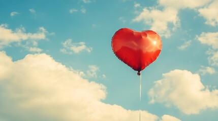 Fototapeta premium Red heart-shaped balloon floating in the blue sky with clouds