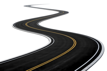 Winding asphalt road with double yellow lines.
