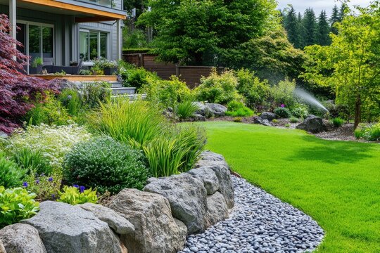 Landscaped backyard with rock walls, vibrant plants, and a sprinkler system. Lush green grass and well-maintained flowerbeds.  A modern home in the background