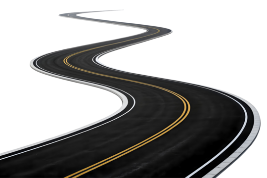 Winding asphalt road with double yellow lines.