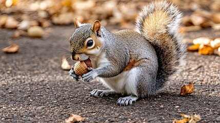 Fototapeta premium Gray squirrel enjoying an acorn on the ground. Autumnal scene