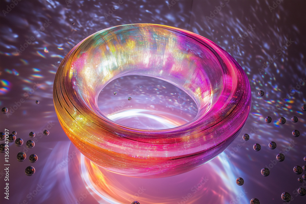 Poster swirling neon colors dance within a rotating torus in an abstract digital art display at a virtual e