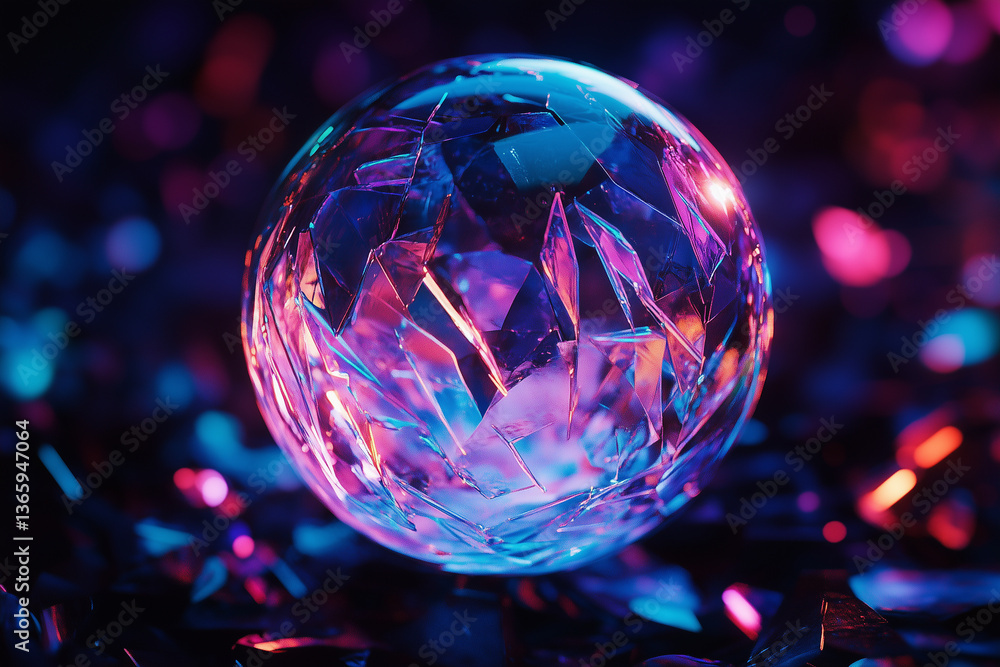 Poster shattered glass sphere with iridescent shards reflecting vibrant colors in a striking display of lig