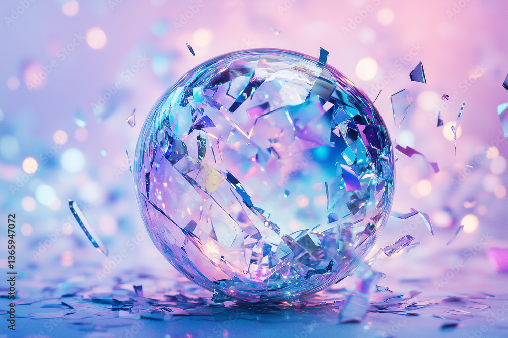 Poster shattered glass sphere with iridescent shards reflecting soft colors on a textured surface