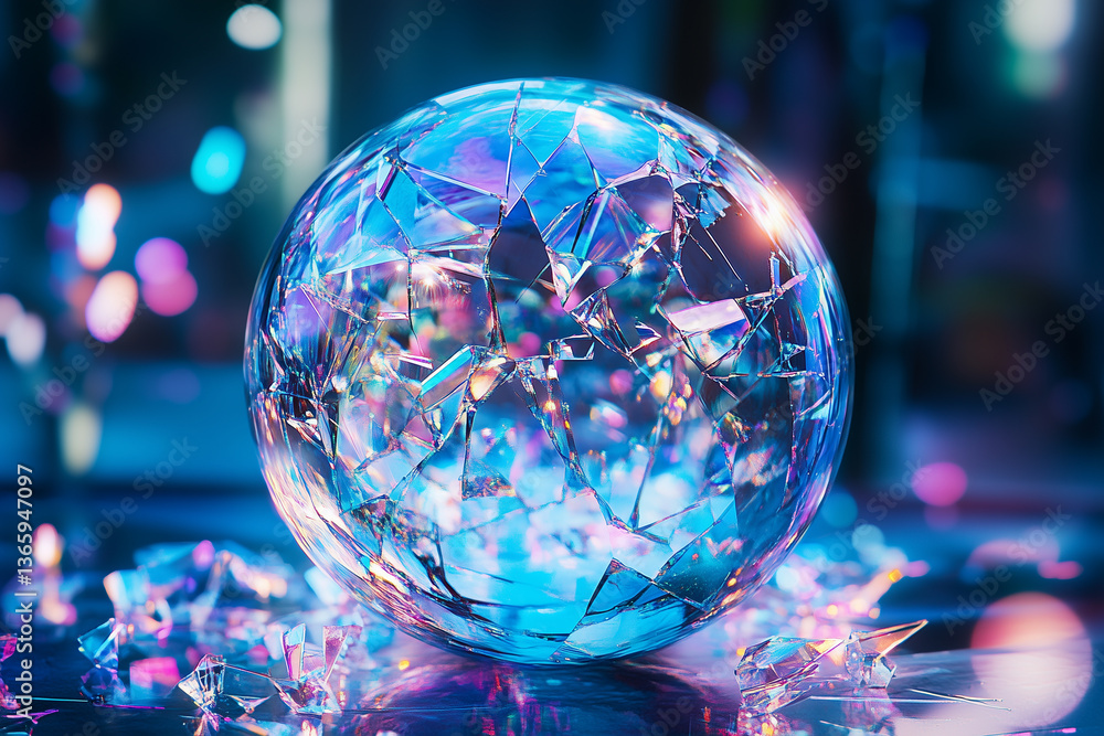 Poster shattered glass sphere reflecting iridescent colors and sharp fragments around it on a reflective su