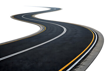 Winding asphalt road with double yellow lines.
