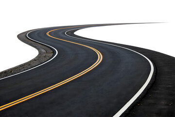 Winding asphalt road with double yellow lines.