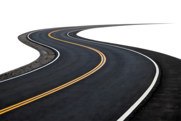 Winding asphalt road with double yellow lines.