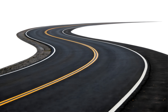 Winding asphalt road with double yellow lines.