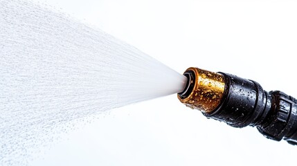 A close-up of a high-pressure washer nozzle with water spraying out, isolated on a white background