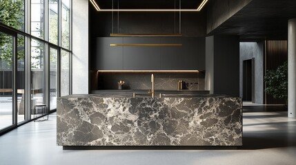 Modern luxury kitchen with marble island, dark cabinets, and gold fixtures