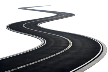 Winding asphalt road with double yellow lines.