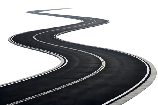 Winding asphalt road with double yellow lines.
