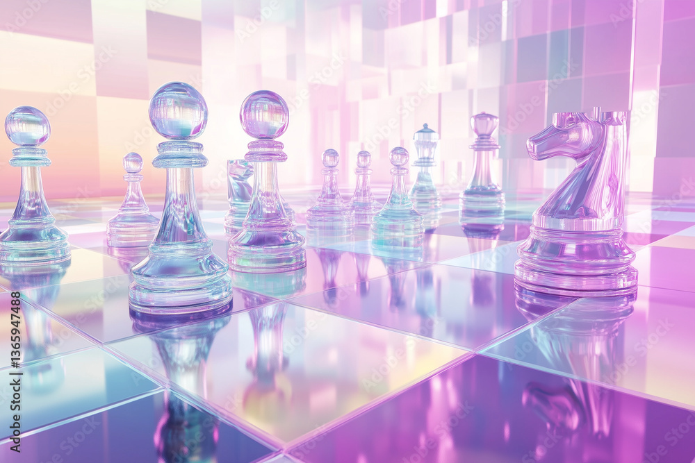 Poster surreal chessboard with transparent pieces in pastel colors illuminated by soft light in a dreamlike