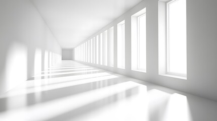 A long white corridor illuminated by bright natural light
