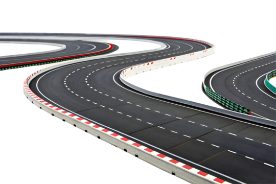 Winding asphalt road with double yellow lines.