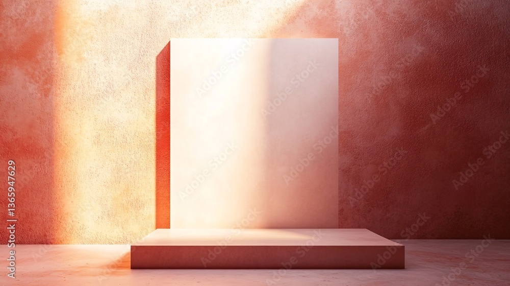 Poster empty showcase displaying on pink concrete wall with sunlight lighting background