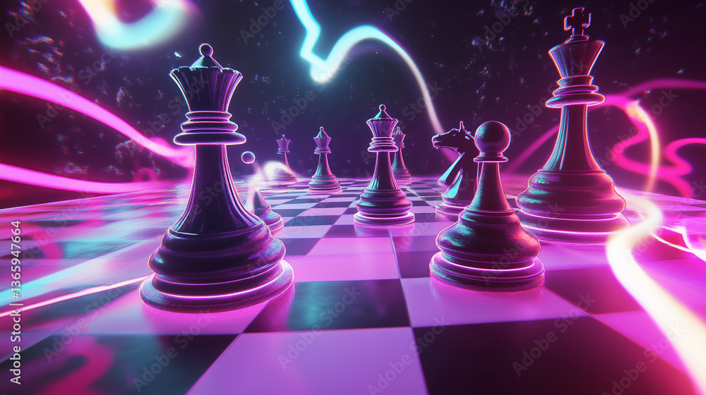 Poster surreal chess game with floating pieces in a vibrant, dreamlike environment