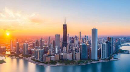 Fototapeta premium Chicago Skyline Sunset Panorama View