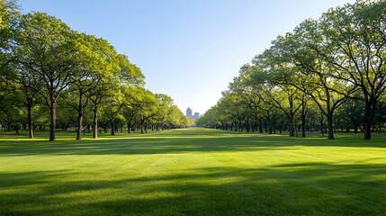 Fototapeta premium Lush Green Park Avenue with Tall Trees and Grass Under Clear Blue Sky during Sunny Day