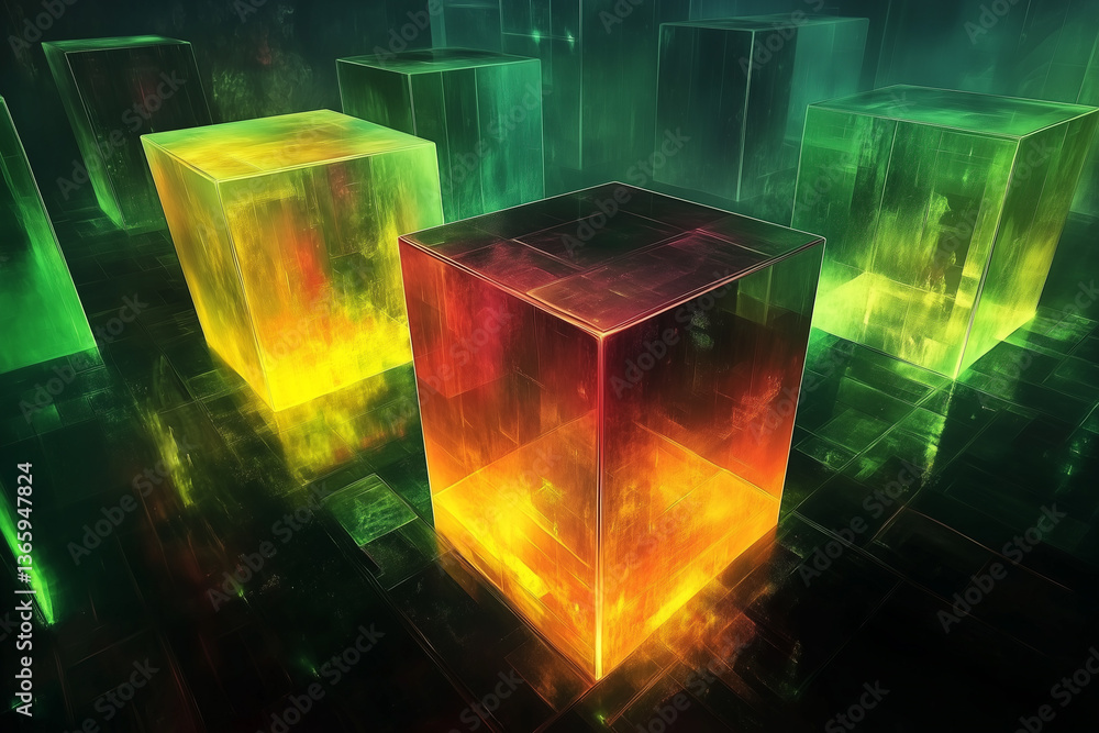 Poster surreal world of trapped gradients with glowing cubes in a dark environment