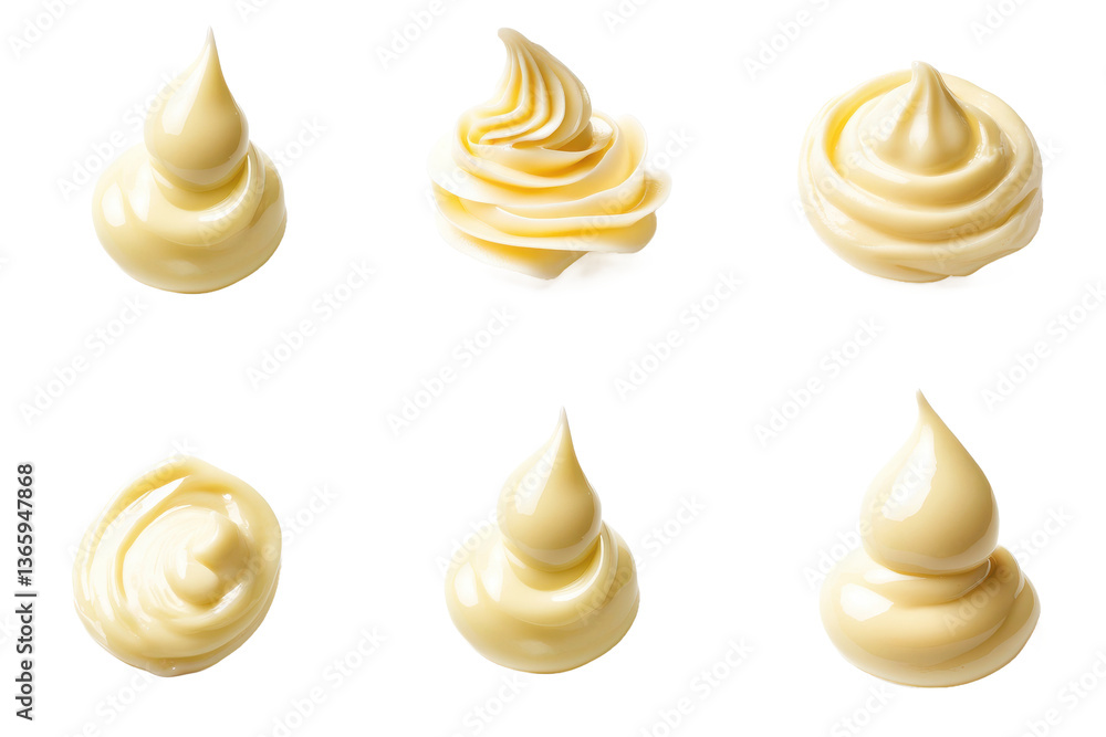 Poster six swirls of creamy yellow sauce arranged on a black background in a two by three grid layout