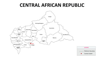Central African Republic Map. State and district map of Central African Republic. Administrative map of Central African Republic with states and boundaries in white color.