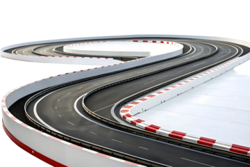 Winding asphalt road with double yellow lines.