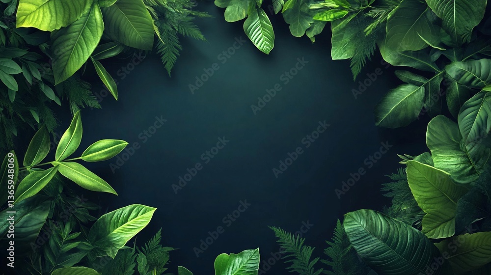 Poster creative layout made of tropical leaves creating a natural frame on dark background
