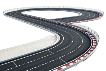 Winding asphalt road with double yellow lines.