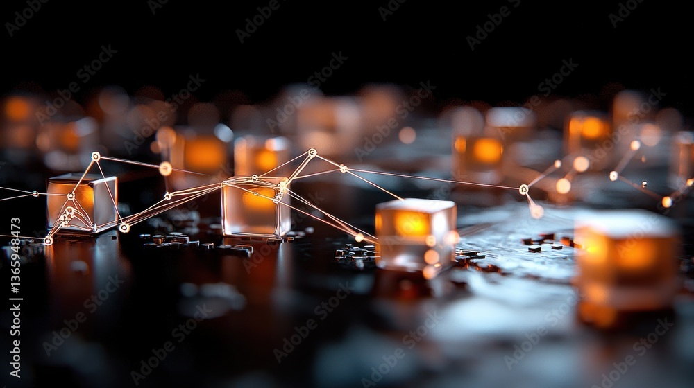 Poster illuminated cubes connected by glowing lines on a dark surface, creating a futuristic atmosphere
