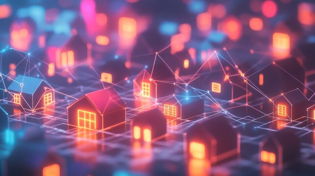 A futuristic model of a smart city with glowing orange and blue network connections linking small houses. This image visualizes the concept of a connected urban environment, ideal for technology and