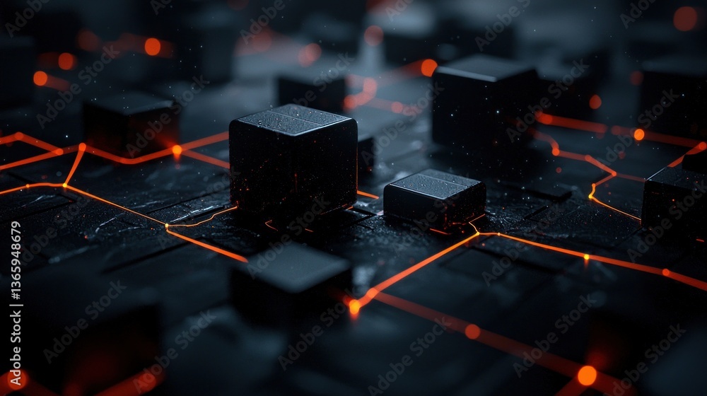Poster abstract representation of interconnected black cubes with glowing orange lines in a digital landsca